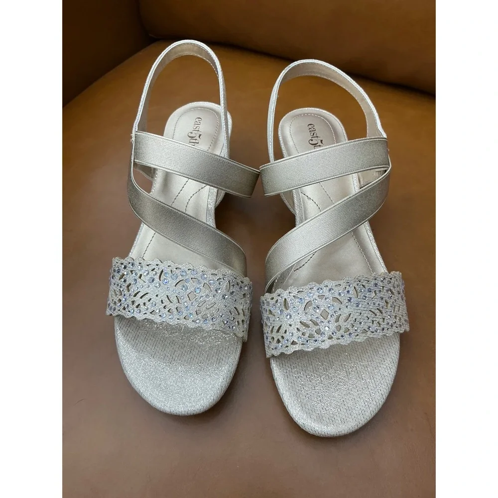 East 5th Gladie Wedge Sandals Womens 8.5 Platino Rhinestone Laser Cut Strappy